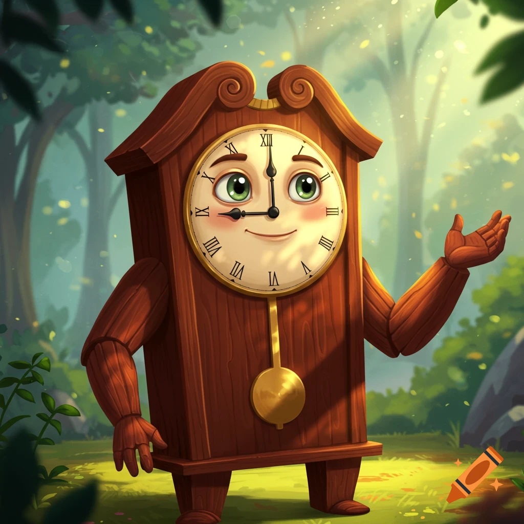 A cartoon anthropomorphic cuckoo clock with a face, arms, and legs stands in a sunny forest.