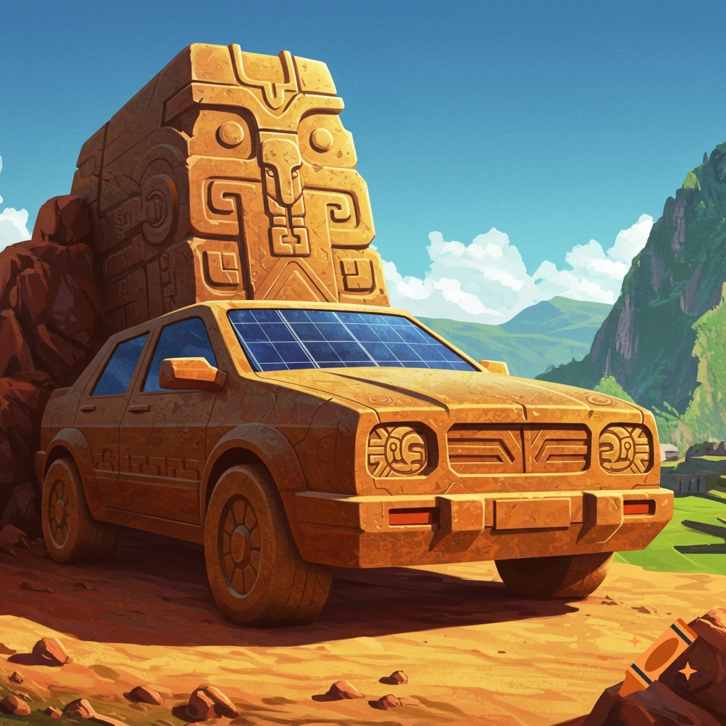 Stone car statue with solar panels in ancient landscape, Inca style