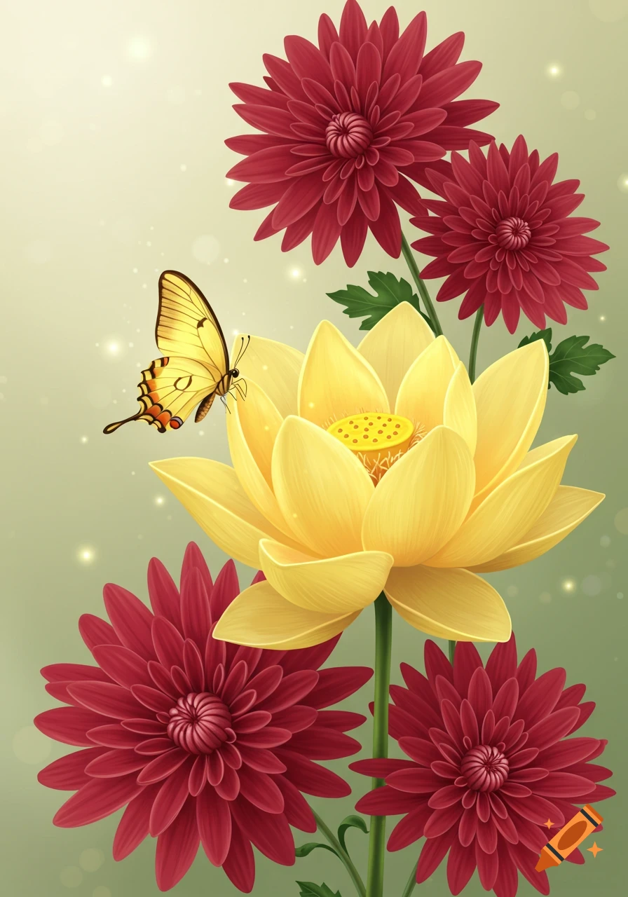 A yellow butterfly rests on a yellow lotus flower, surrounded by red chrysanthemums.