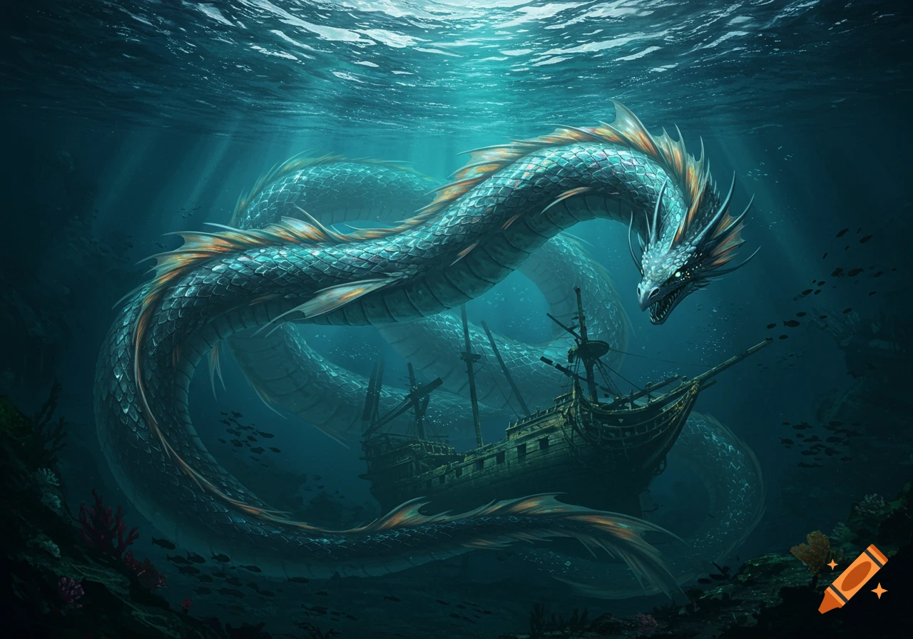 A large sea serpent wraps its body around a sunken ship underwater.