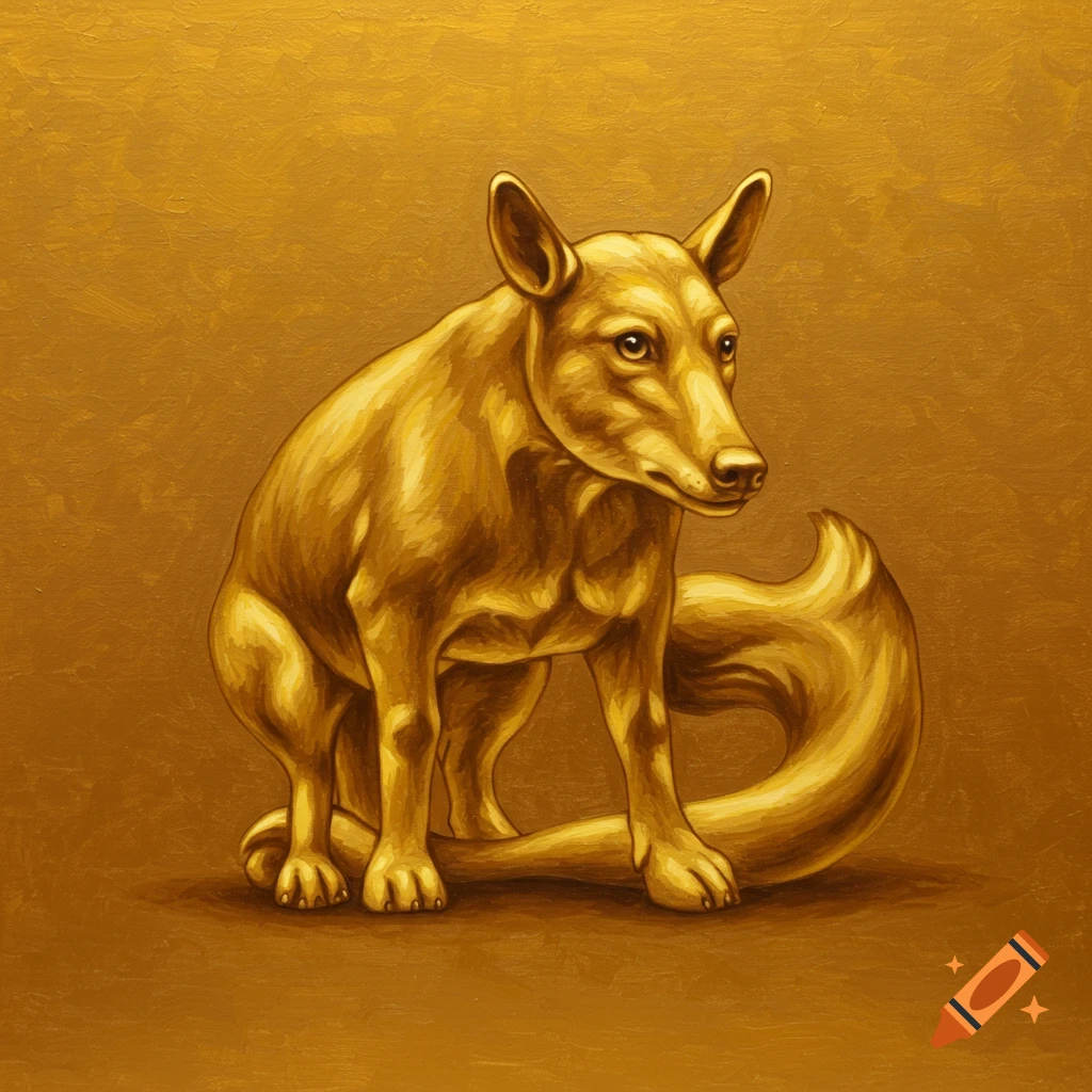 A golden dog-like animal sits on a textured gold background, painted in a stylized manner.