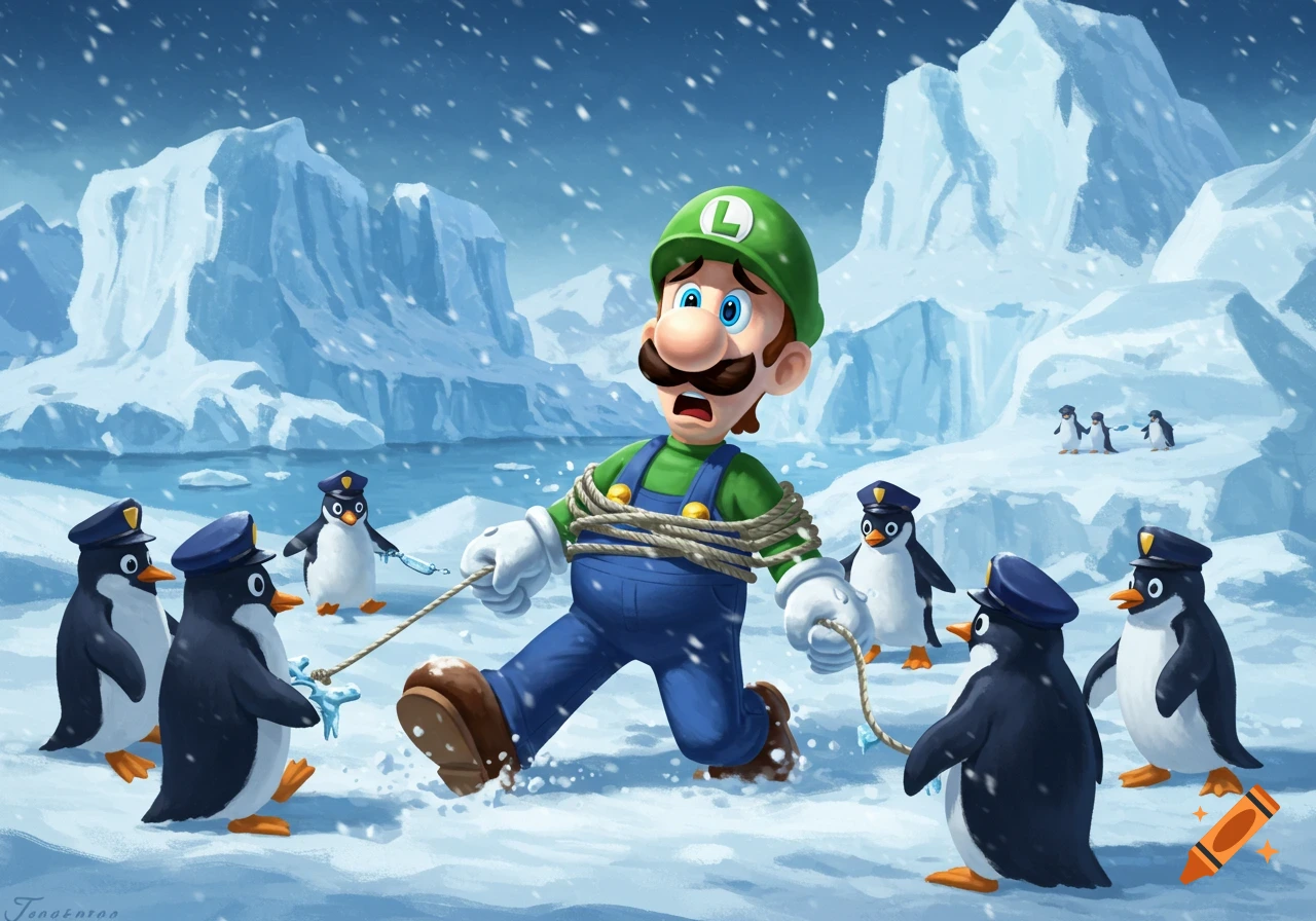 Luigi is tied up and pulled through the snow by penguins in police hats in an arctic landscape.
