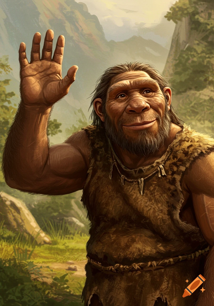 Painted illustration of a smiling Neanderthal man waving.