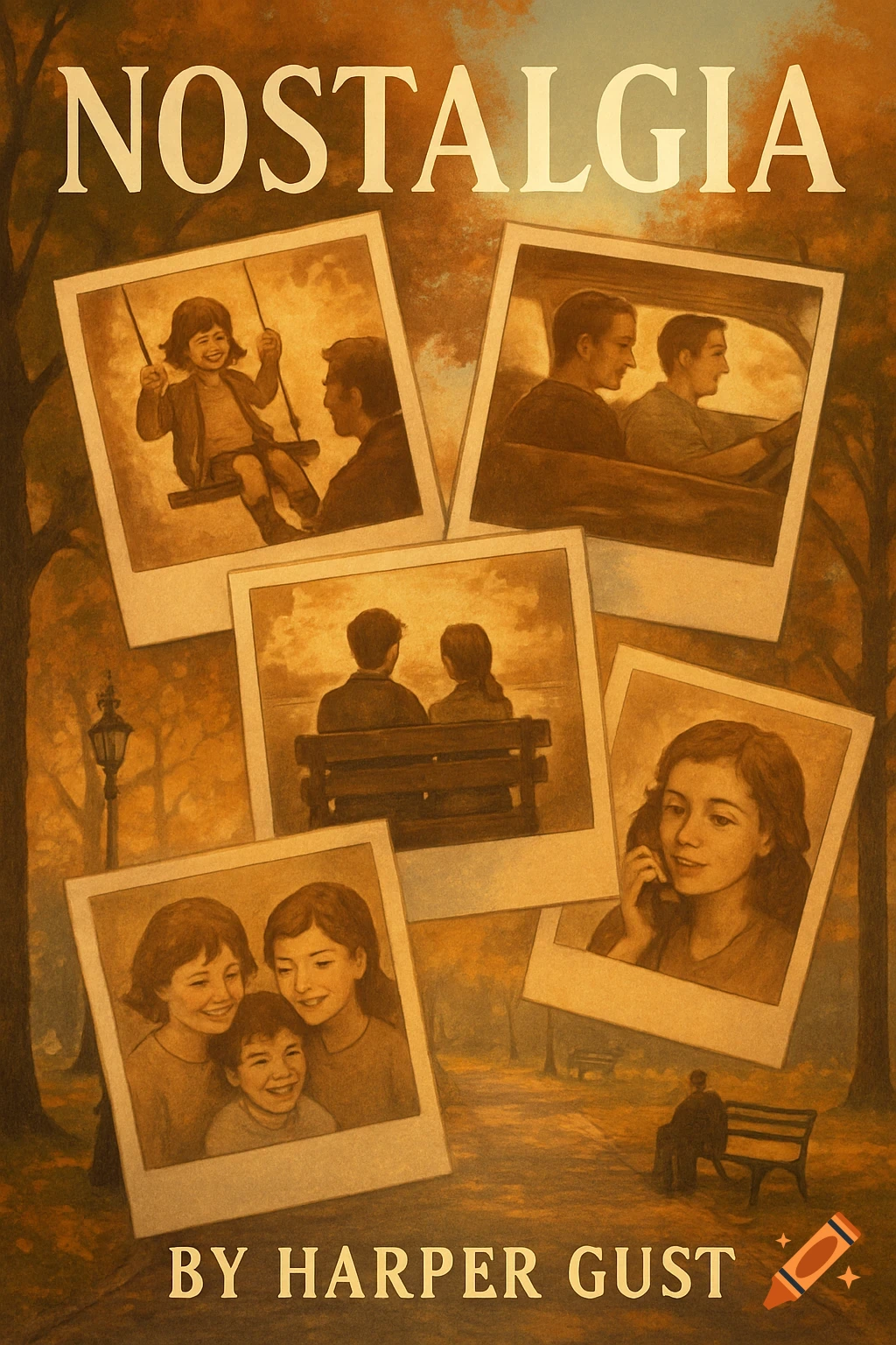 Book cover for Nostalgia by Harper Gust featuring vintage family photos in a park.