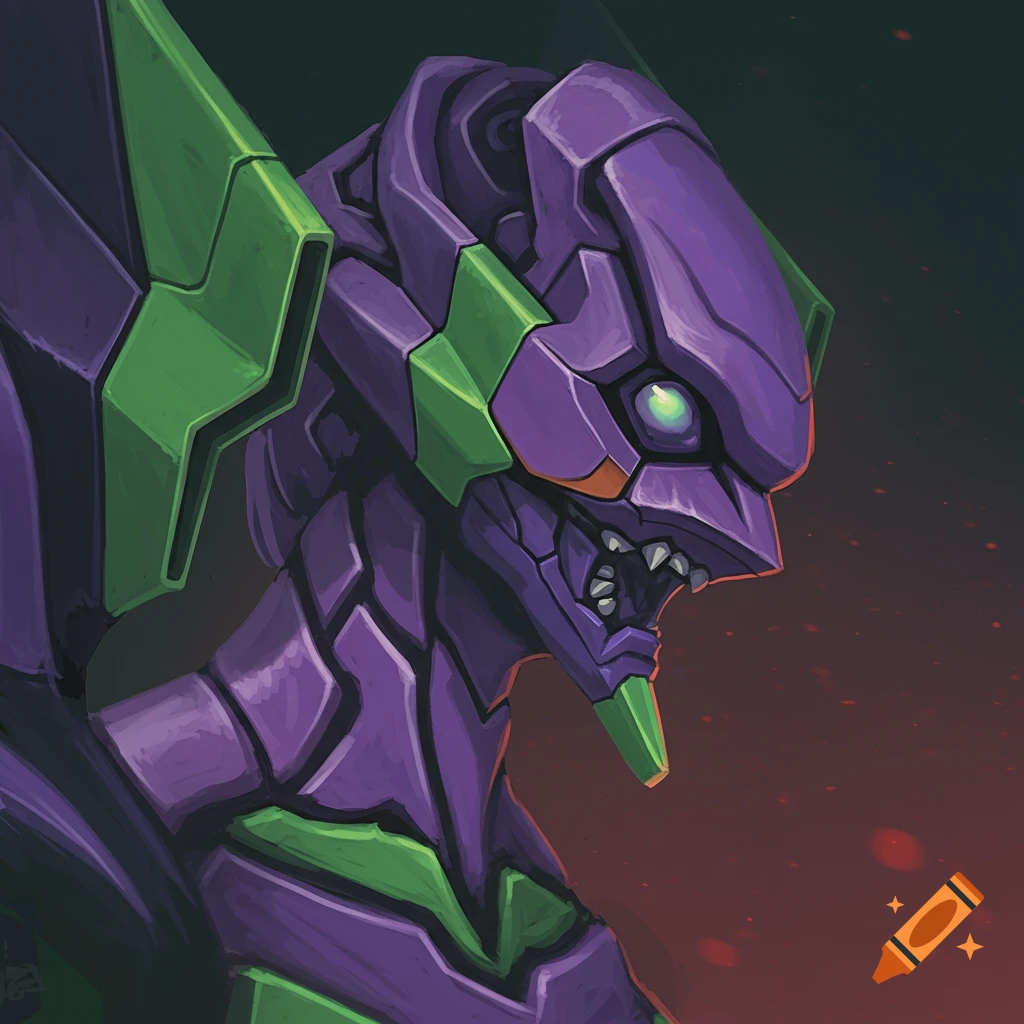 Close-up profile of a purple and green Evangelion robot head with its mouth open against a dark background.