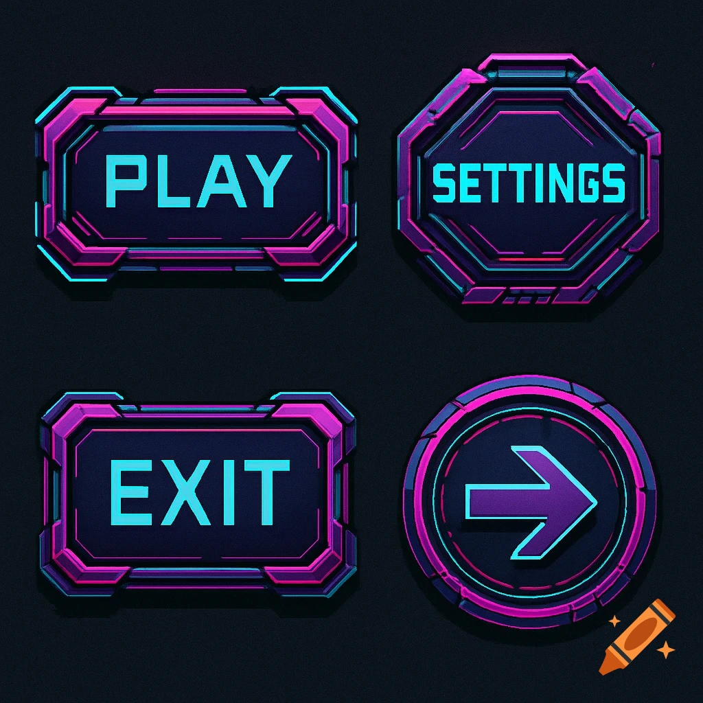 Four cyberpunk UI buttons with glowing blue and purple accents, labeled Play, Settings, Exit, and a right arrow icon.