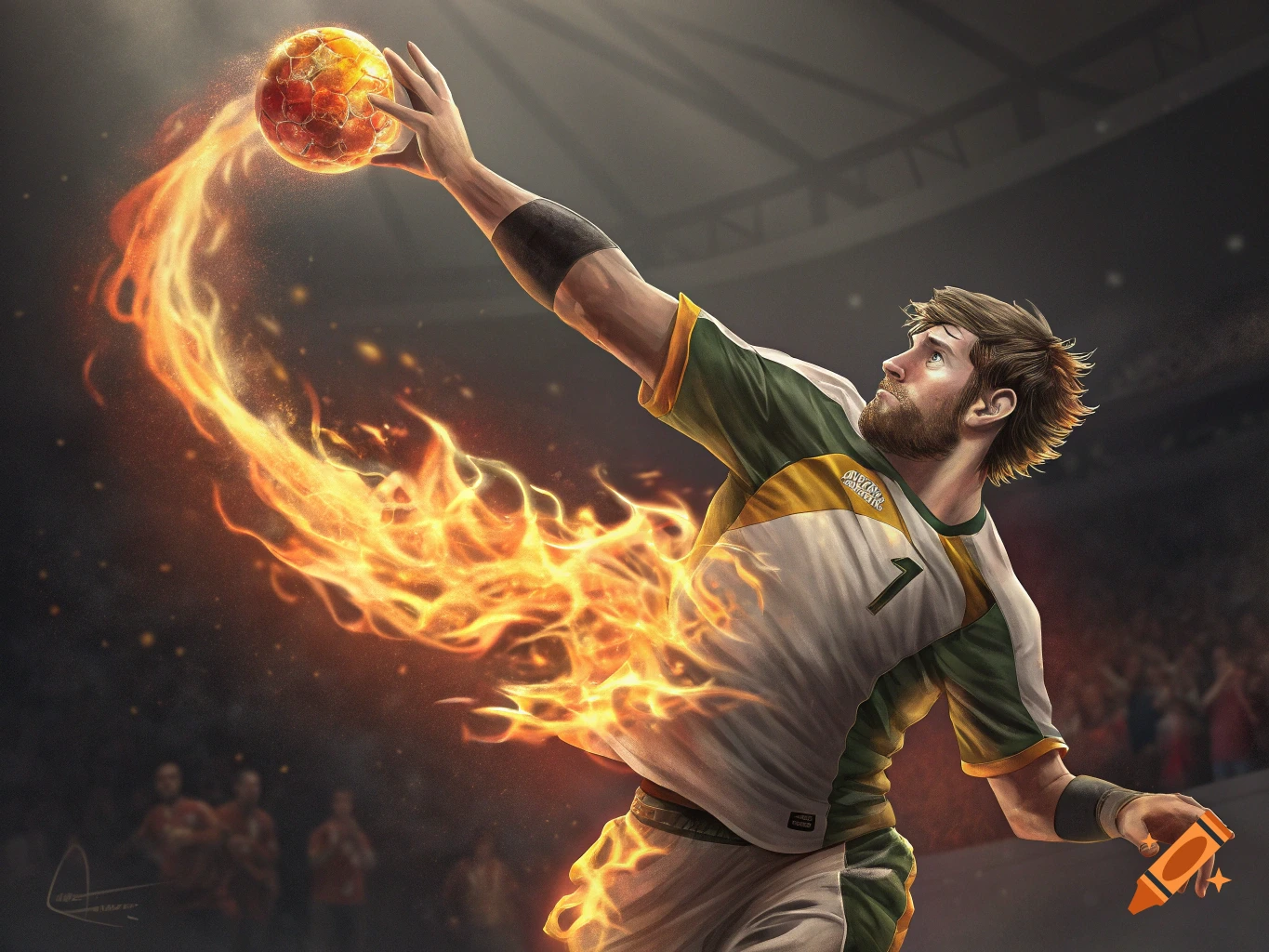 Male athlete throwing a flaming ball in a packed sports arena, dynamic angle.