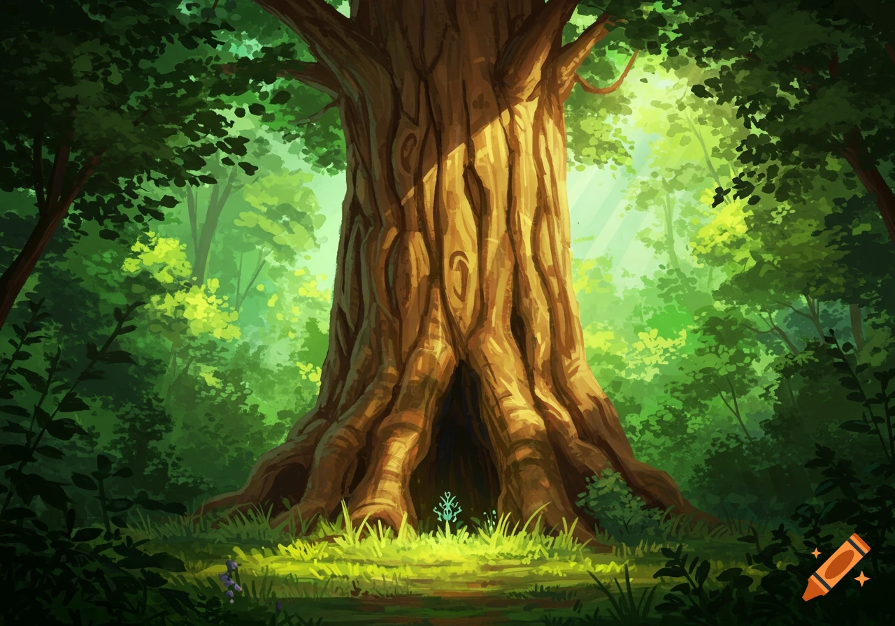 Stylized painting of a large, ancient tree in a sunlit forest clearing.