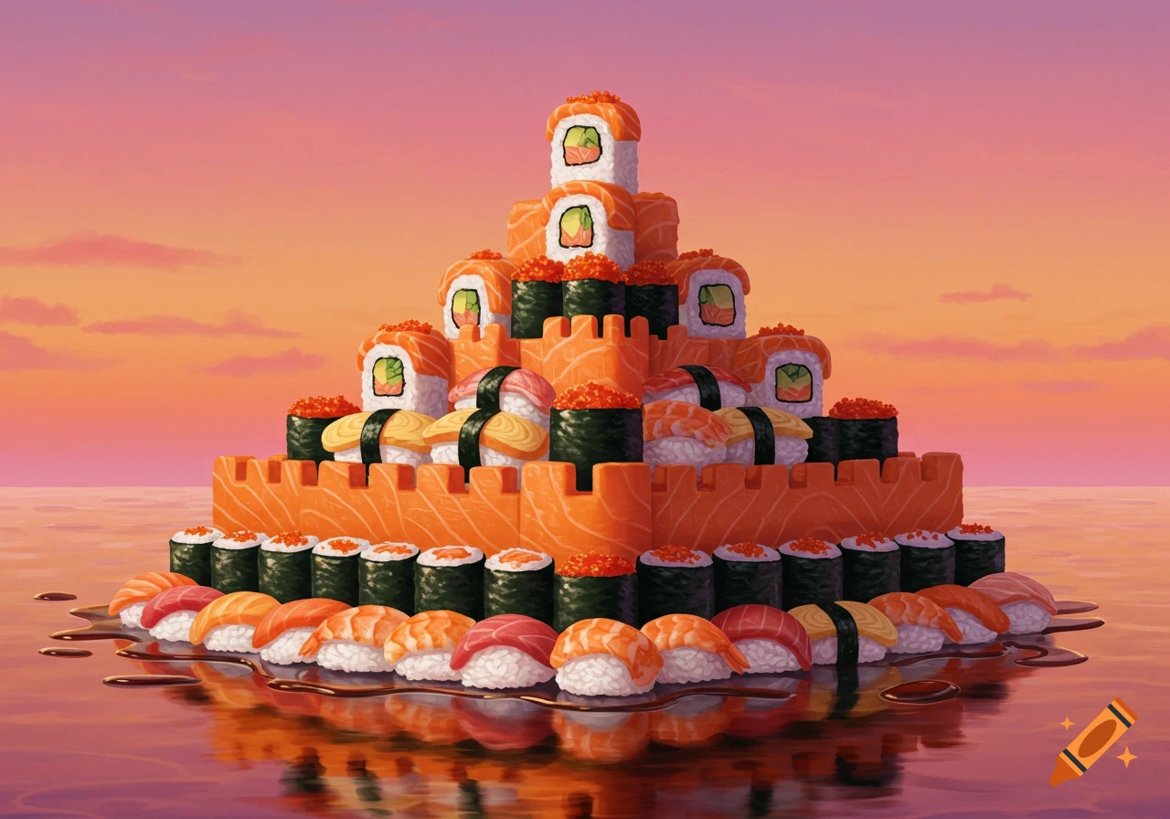 A castle or fort constructed entirely from various types of sushi sits on water under a sunset sky.