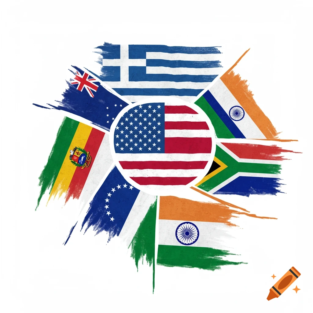 Brushstroke style design with country flags surrounding a central US flag.