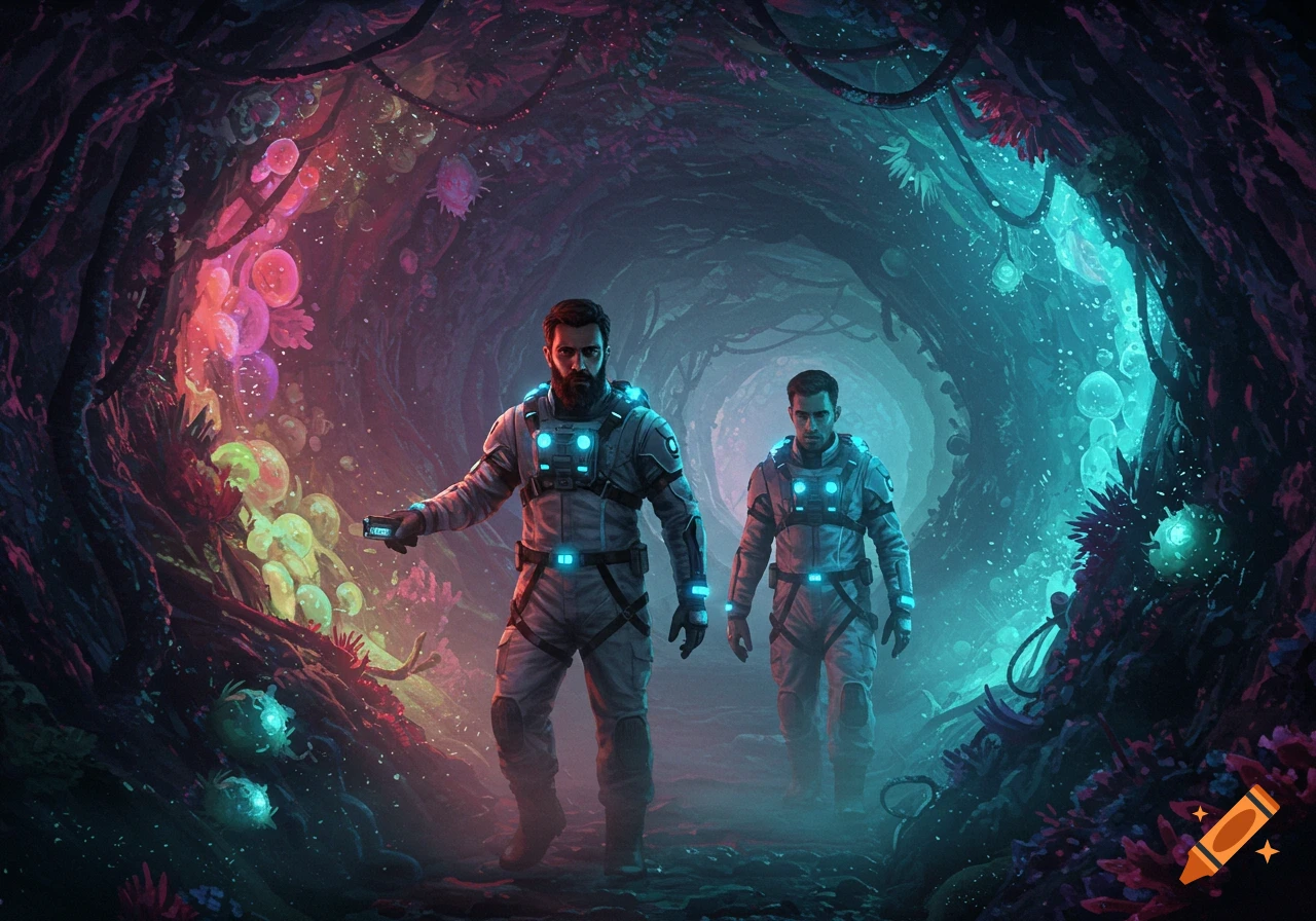 Two explorers in spacesuits walk through a glowing alien cave tunnel.