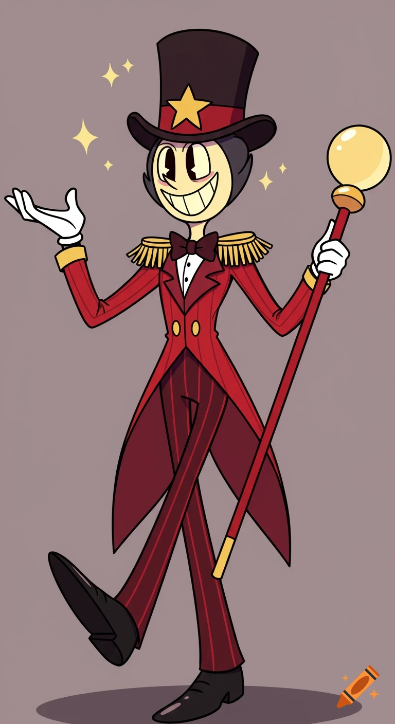 A cartoon character in a red and black ringmaster suit and top hat, holding a staff and posing.