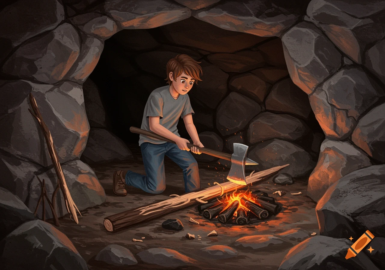 An illustration of a boy making a spear in a cave, kneeling by a fire.