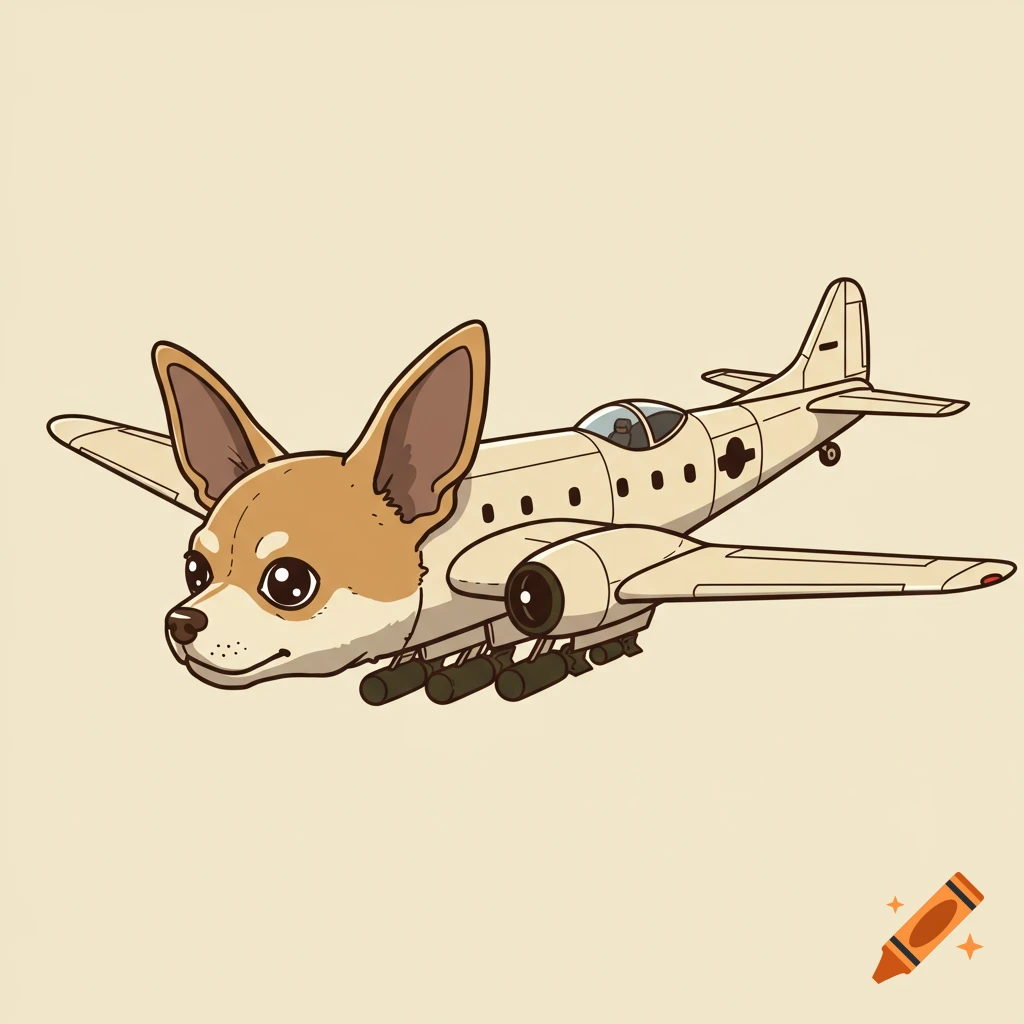 Cartoon illustration of a chihuahua dog's head attached to the body of a bomber plane flying, with bombs hanging below.