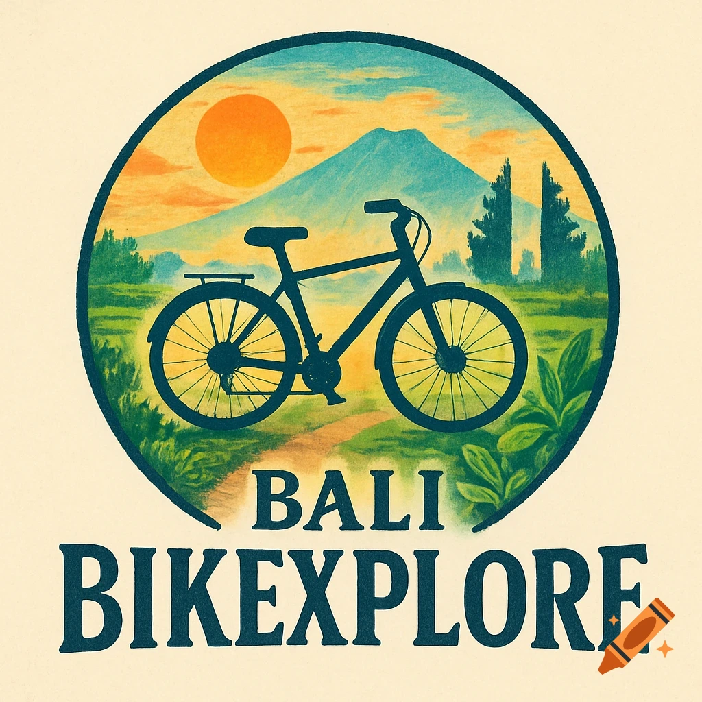 Logo with a bicycle silhouette in front of a mountain, sun, and trees, reading 'BALI BIKEXPLORE', in a colored pencil style.