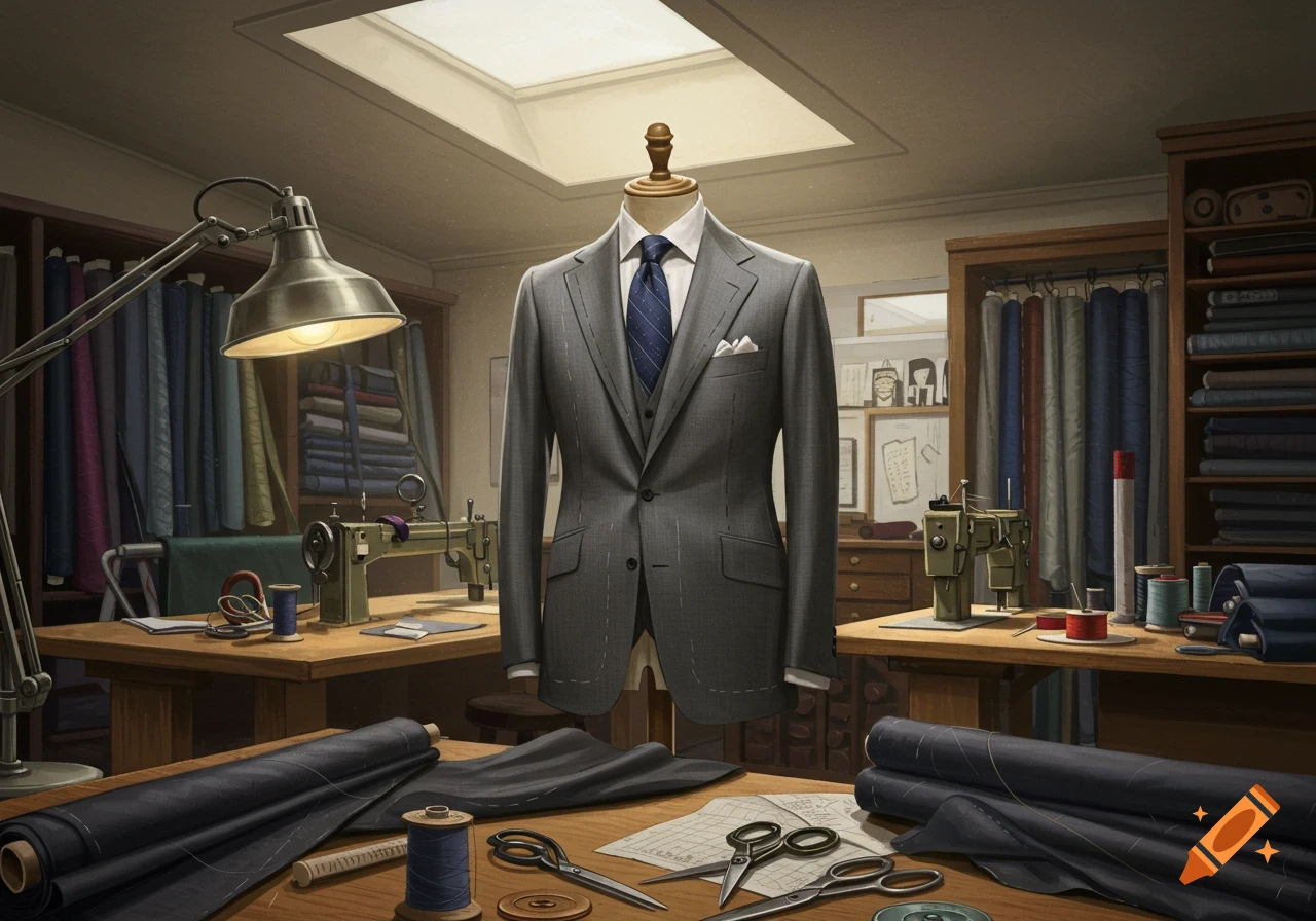 Tailor's dummy wearing a grey suit in a sewing room with fabric, machines, and tools on tables.