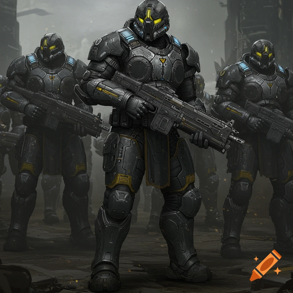 Futuristic soldiers in dark armor with yellow accents holding rifles in a ruined city.