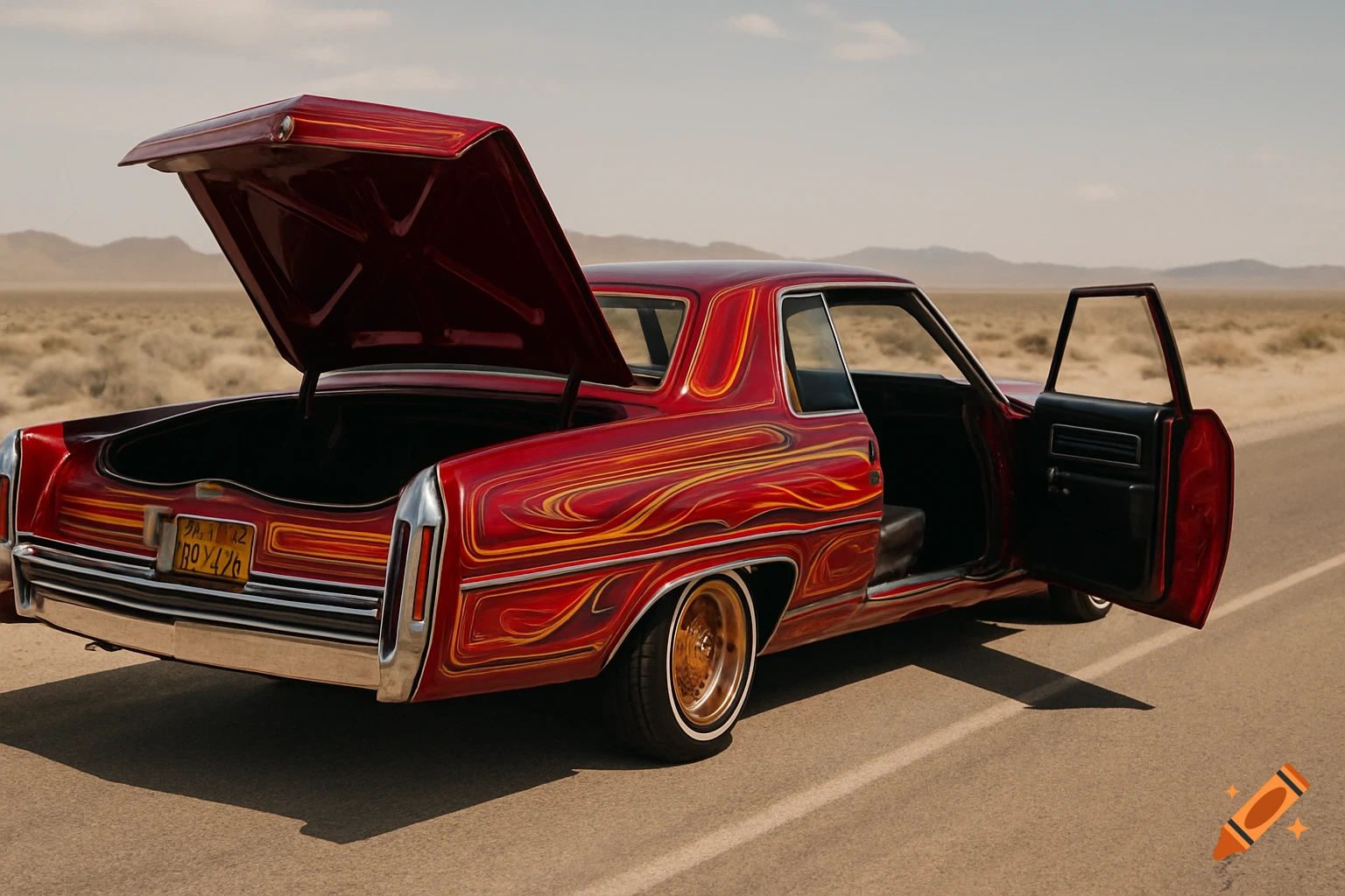 A red lowrider Cadillac with custom candy paint and graphics sits on a desert road with the trunk and driver's door open.