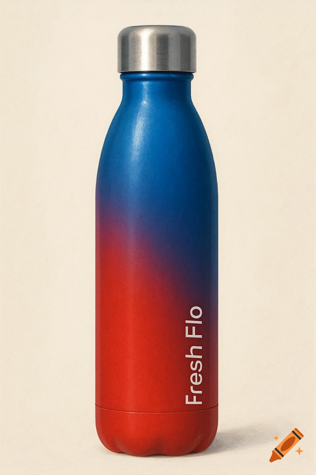 Red and blue gradient drink bottle with a silver cap and 'Fresh Flo' text.