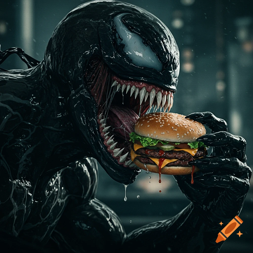 Photorealistic image of Marvel character Venom eating a double cheeseburger.