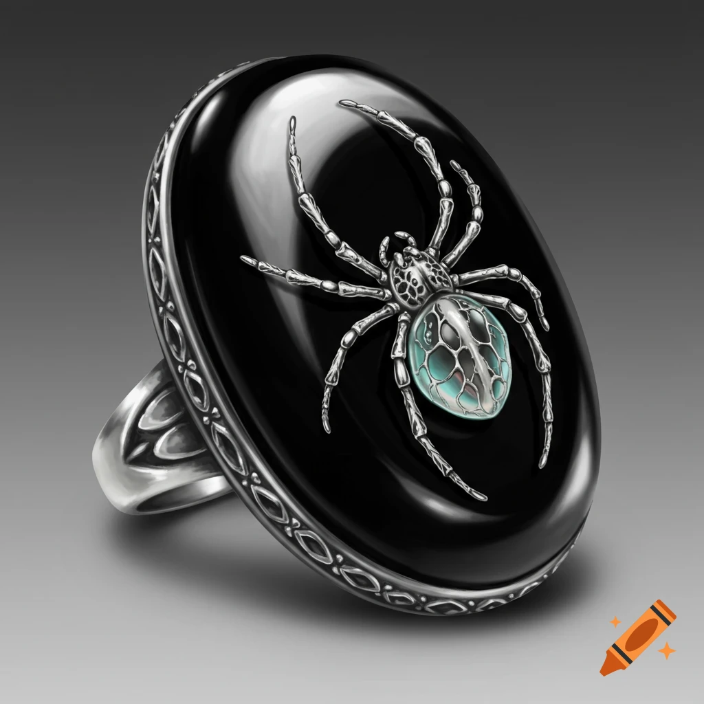 Detailed silver spider embedded in an oval black onyx ring.