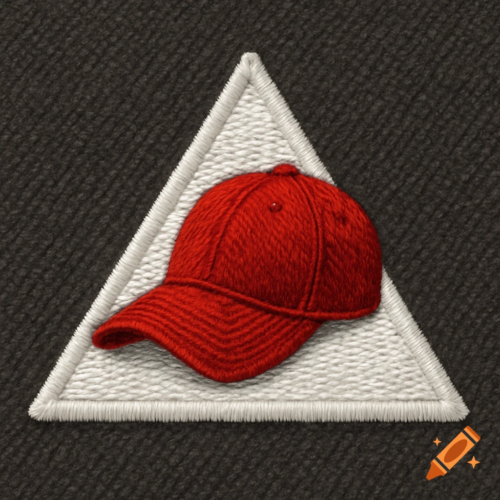Embroidery patch featuring a red baseball cap inside a white triangle.