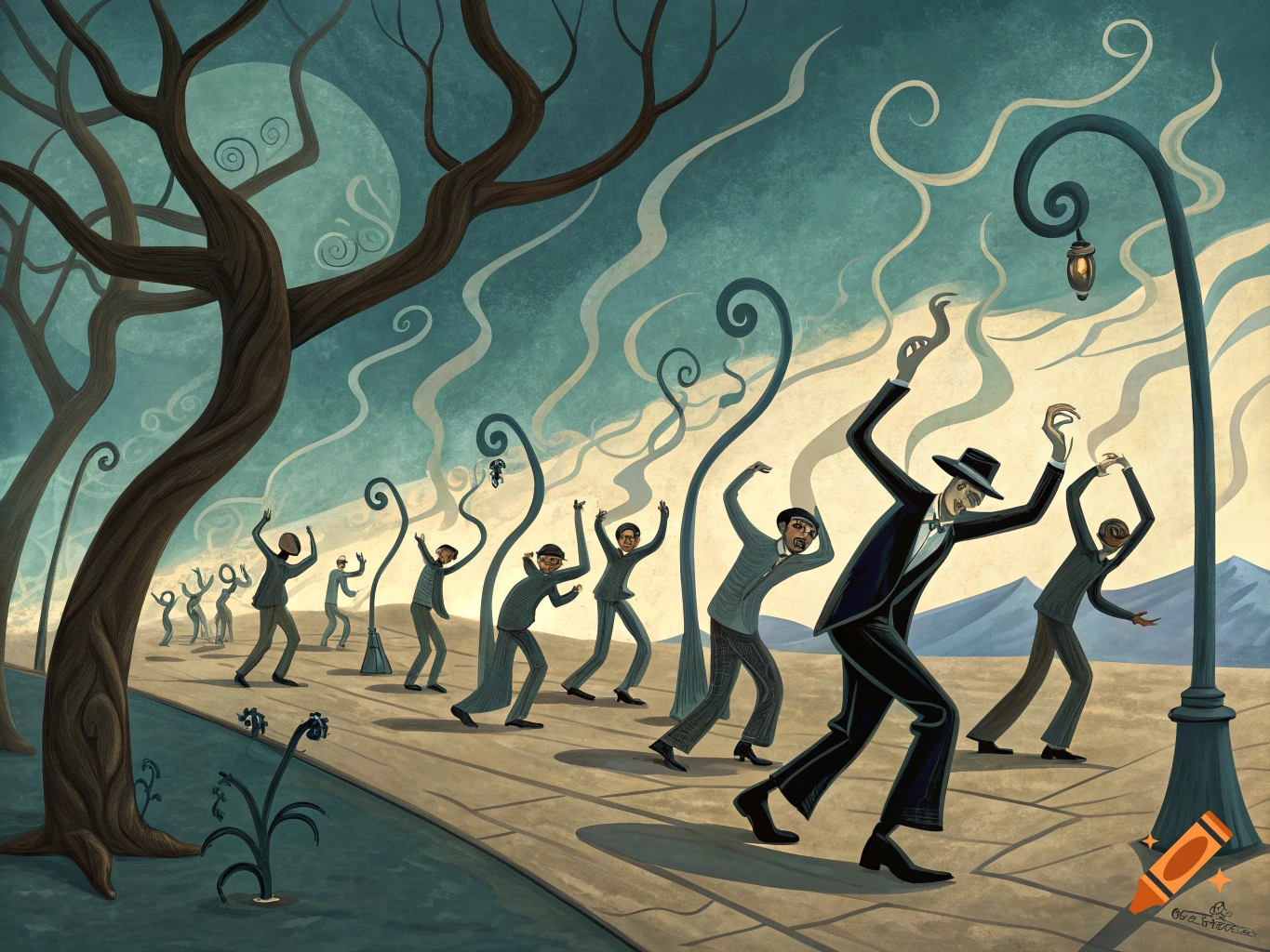 Stylized male figures dancing in a surreal landscape with trees and a lamp post, in the style of Salvador Dali.