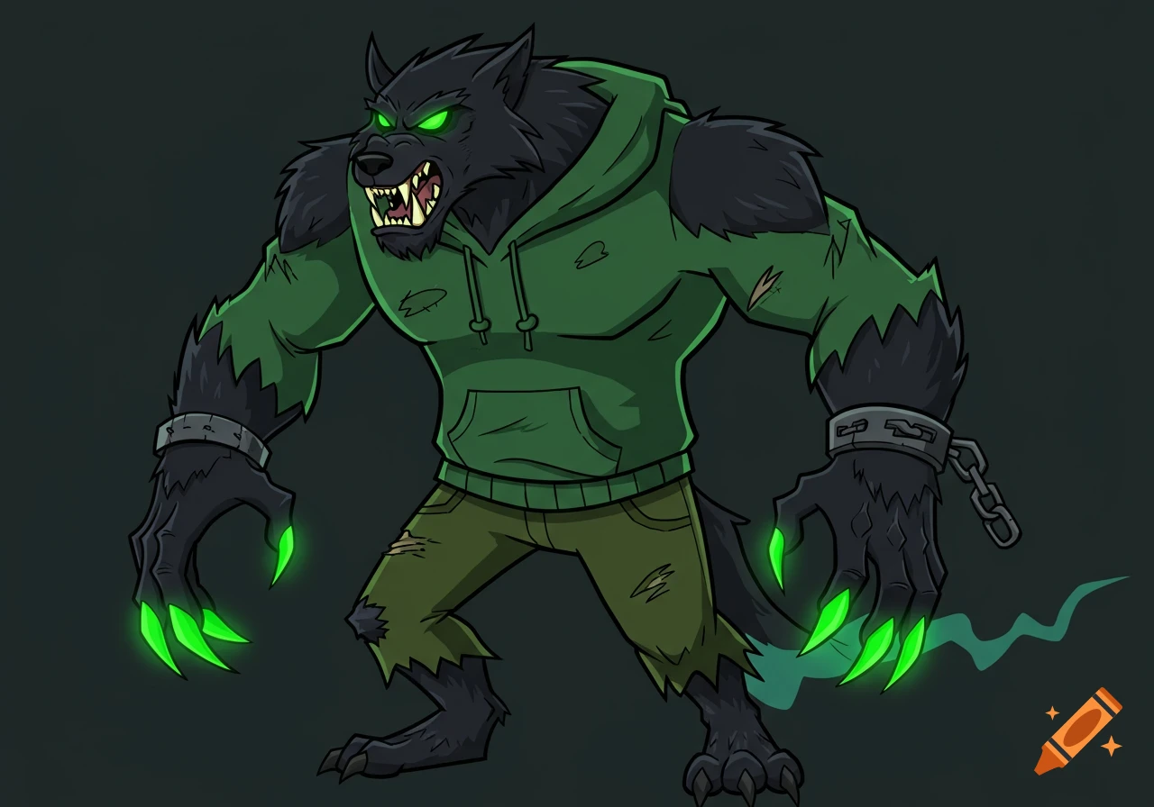 Cartoon werewolf character in a green hoodie and ripped pants, with glowing green eyes and claws.