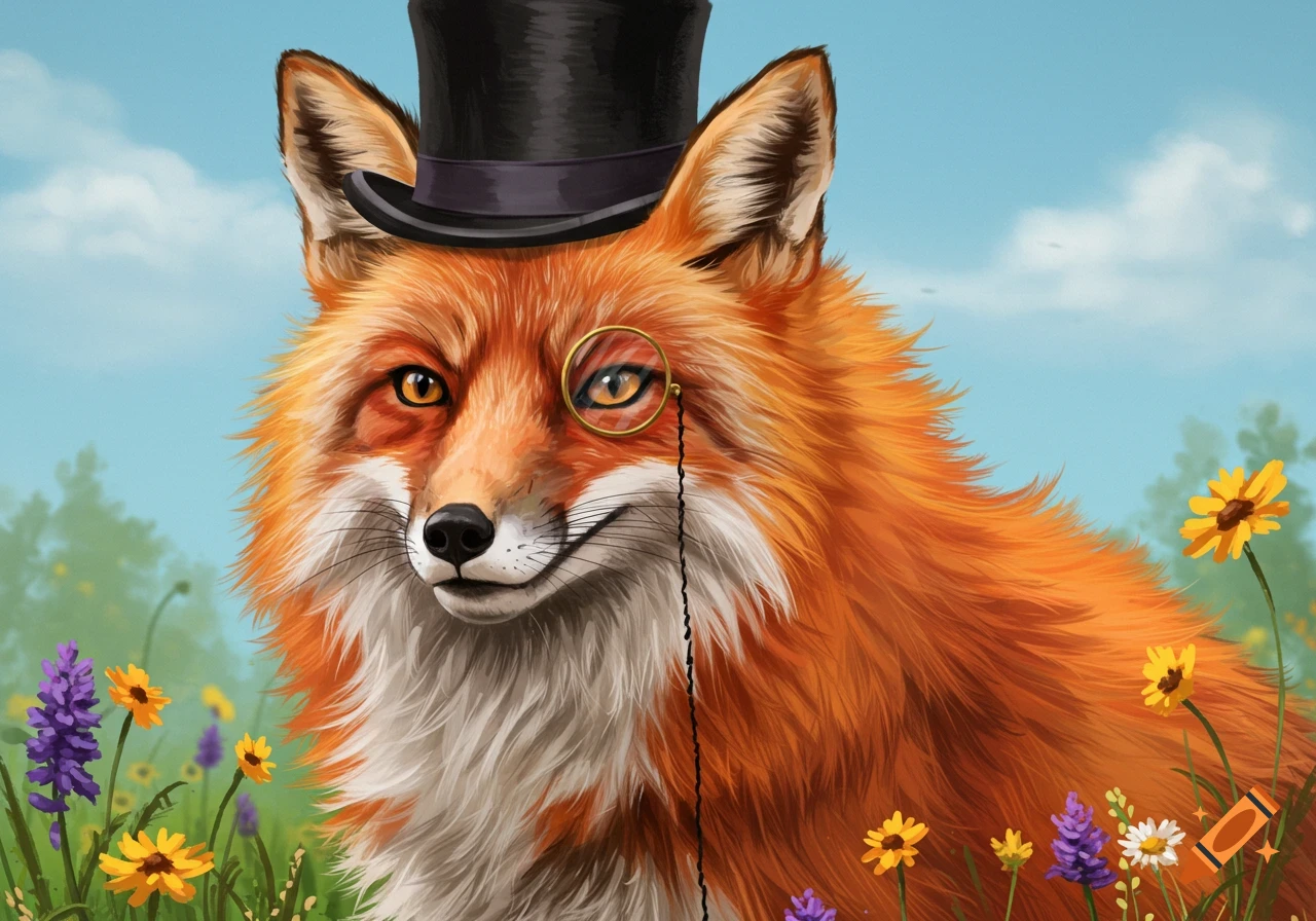 A dapper fox wearing a top hat and monocle stands in a field of colorful flowers under a blue sky. Illustration.