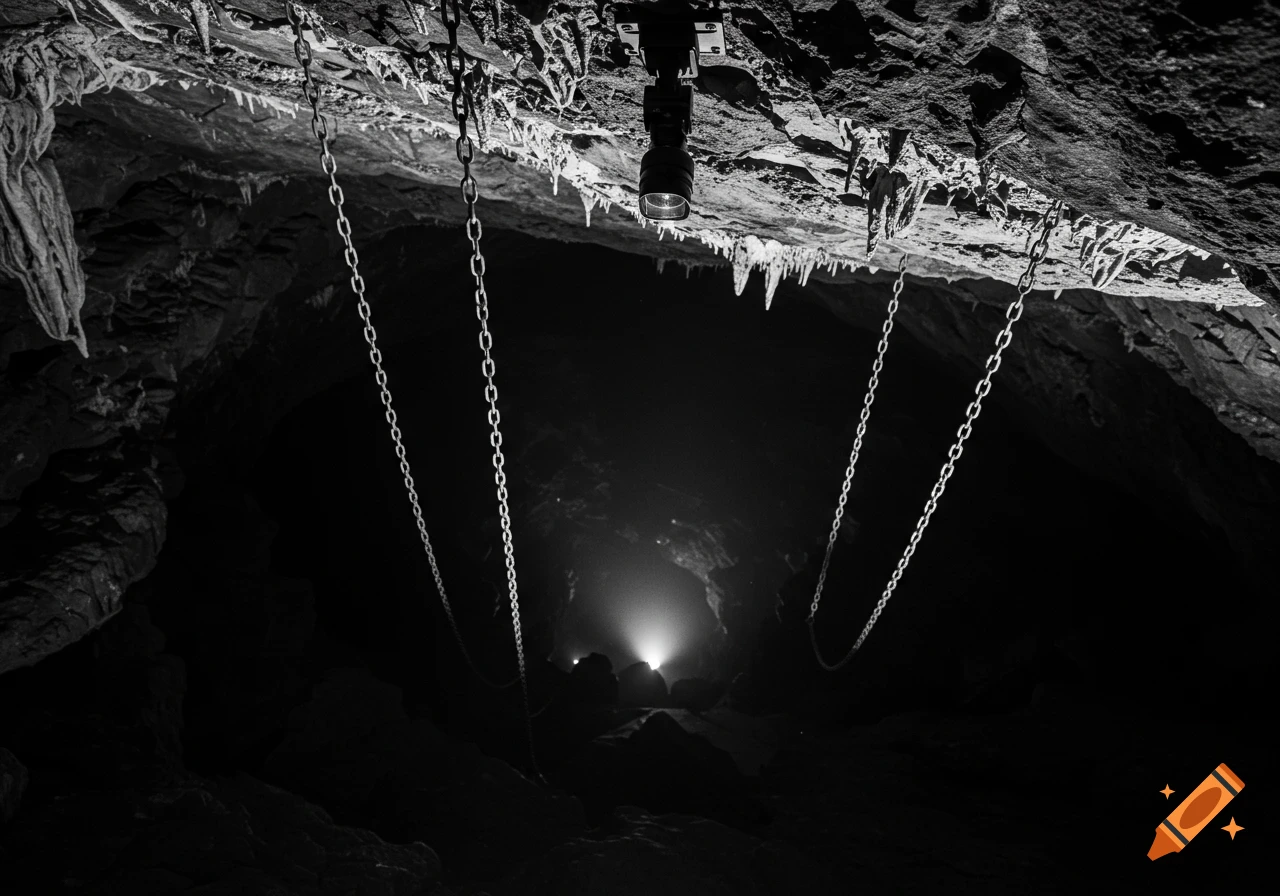 Black and white photo inside a cave showing chains hanging from the ceiling towards a distant light.