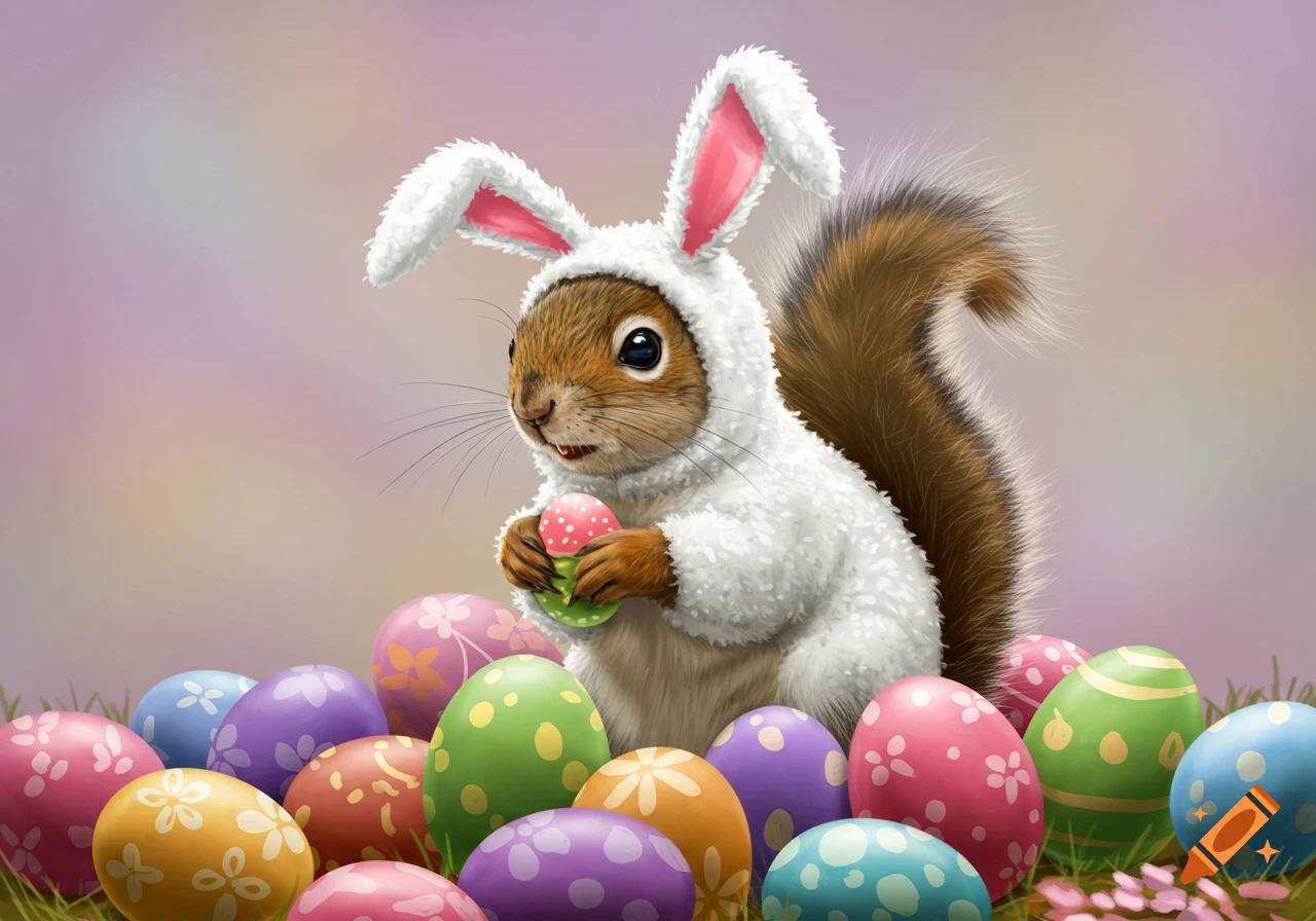 A squirrel dressed as an Easter bunny holds an Easter egg amidst many colorful Easter eggs.