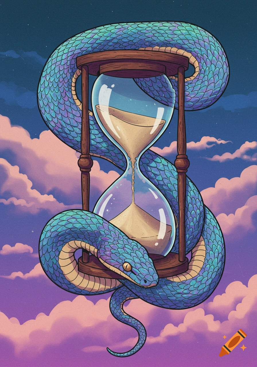 Illustrated blue snake wrapped around an hourglass in a stylized sky.