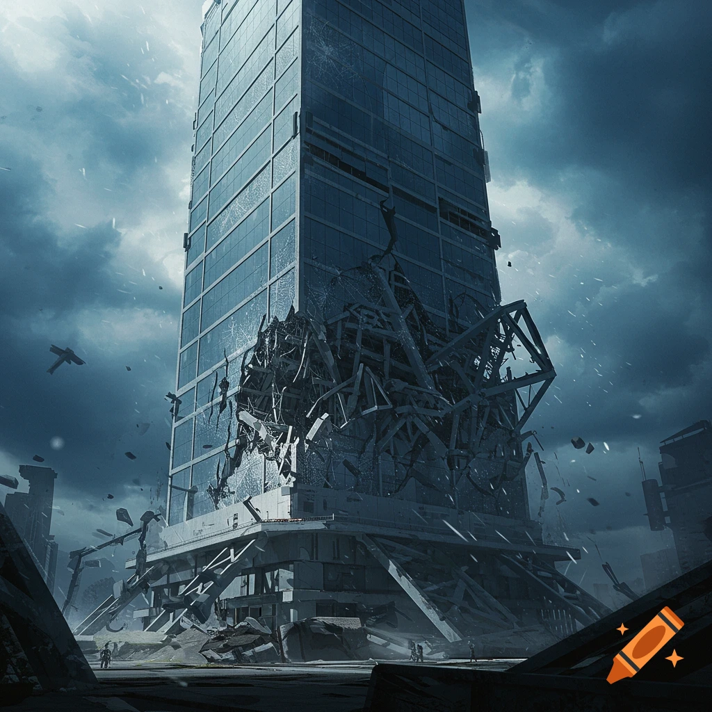 A large glass skyscraper crumbles after an earthquake, surrounded by rubble and figures, under a stormy sky.