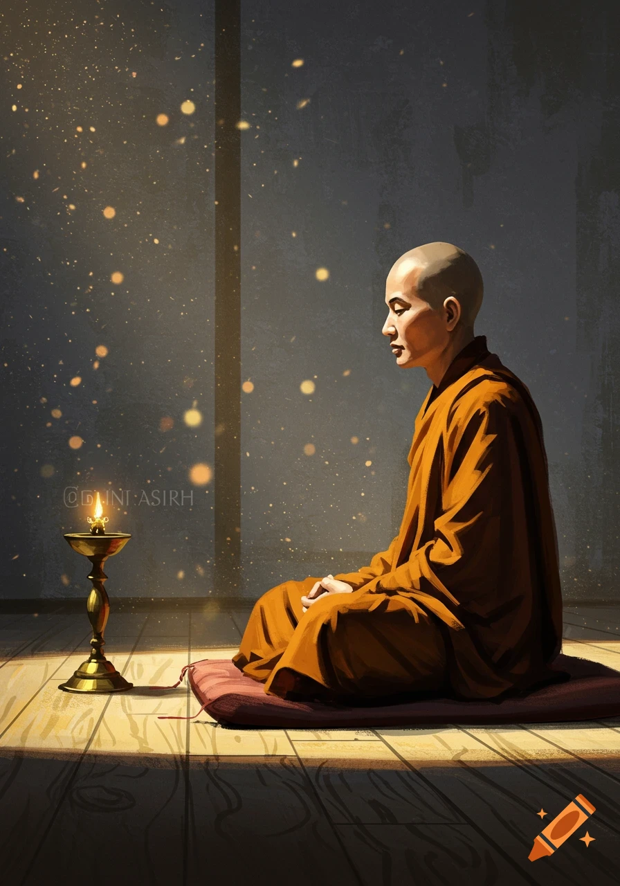 Illustration of a monk meditating in sunlight next to a small lamp.