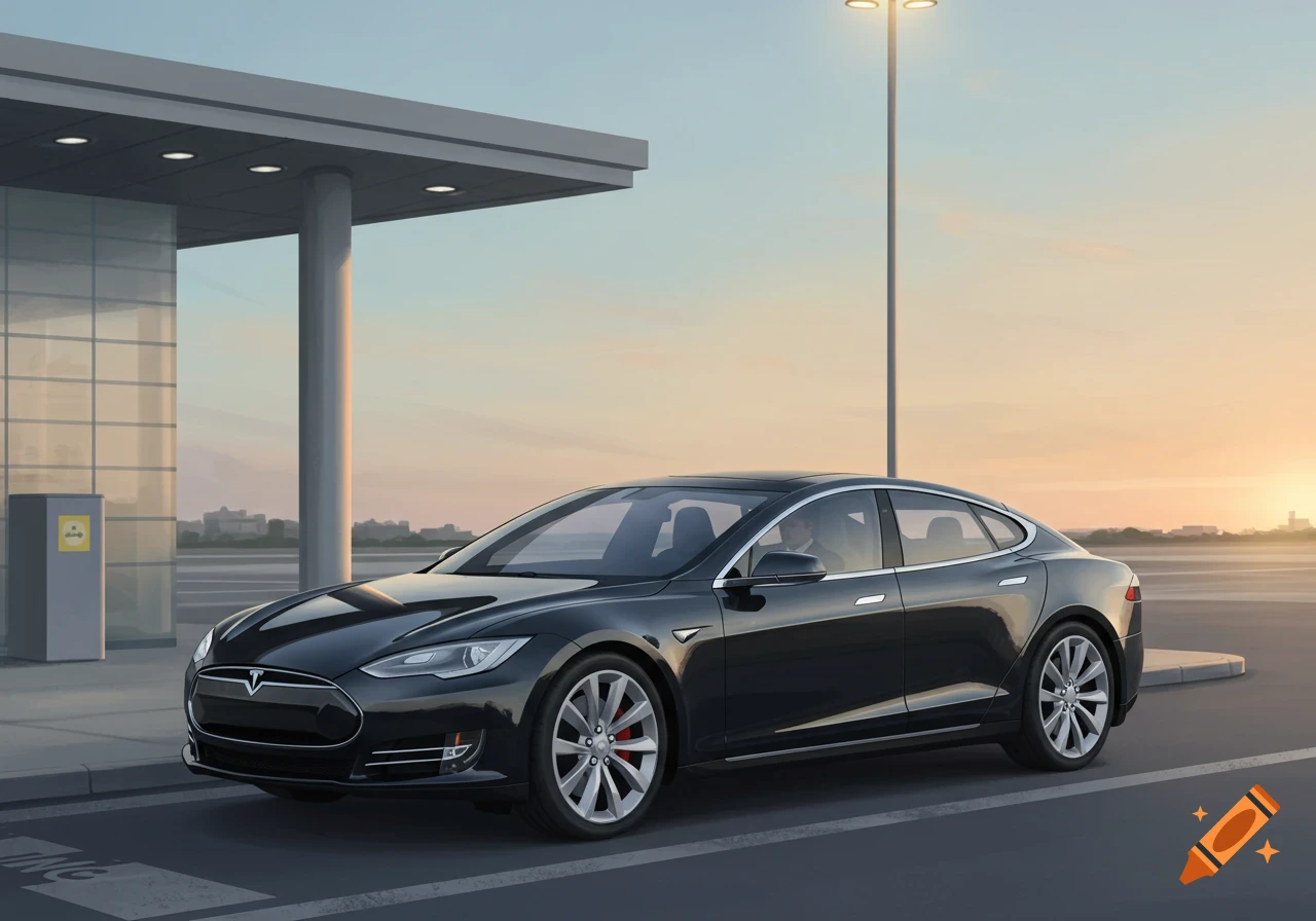 A black Tesla car parked near a building under a sunset sky.