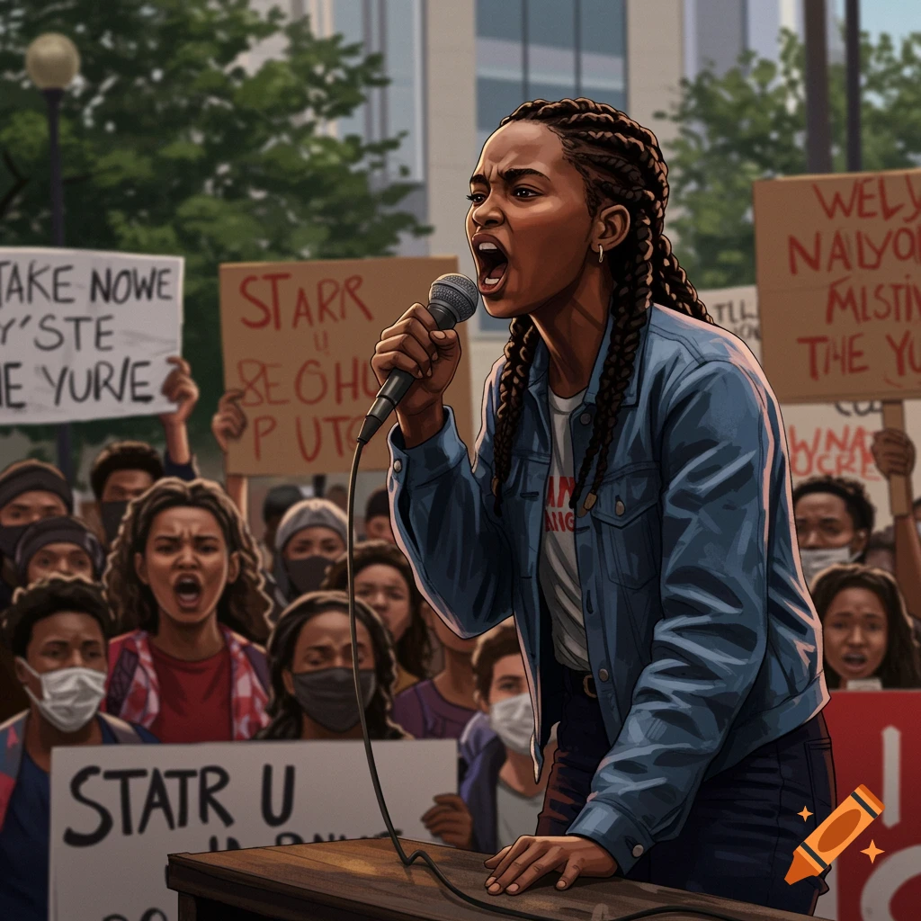 Illustrative portrait of a woman speaking into a microphone at a rally, with protesters holding signs behind her.