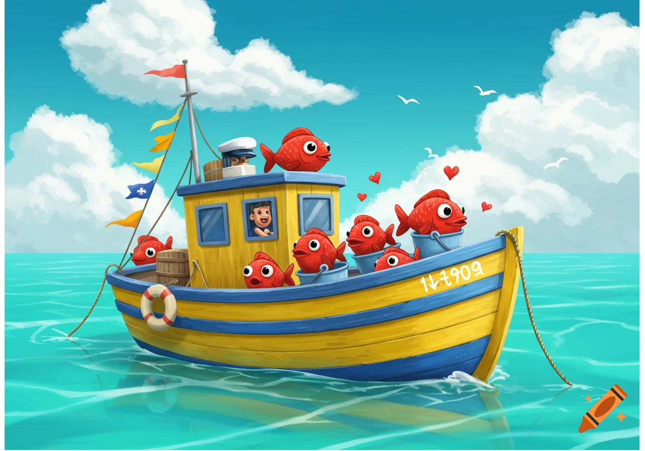 Cartoon illustration of a boat full of red fish.