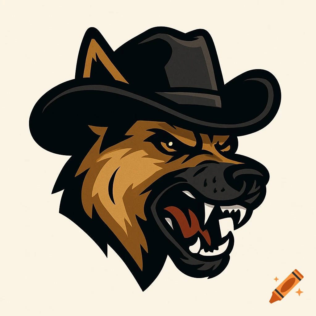 Mascot logo of a snarling German Shepherd wearing a black cowboy hat.