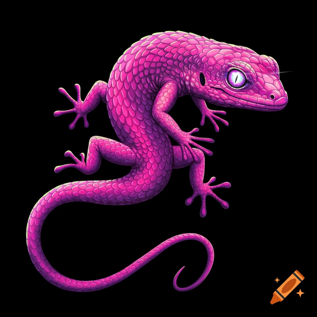 A vibrant pink scaled lizard illustration against a black background.
