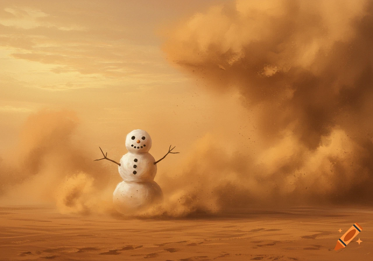 A snowman stands in a desert landscape during a dust storm, digital art.