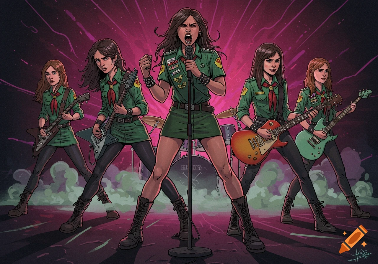 An illustration of a heavy metal band of five women in girl scout uniforms playing guitars and singing on a stage.