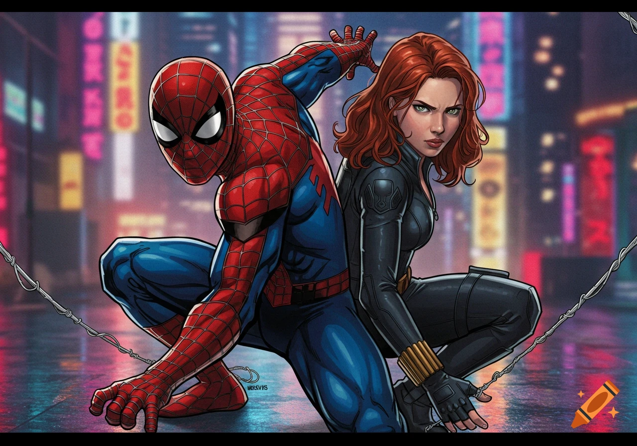 Comic art of Spider-Man crouching beside Black Widow in a city.