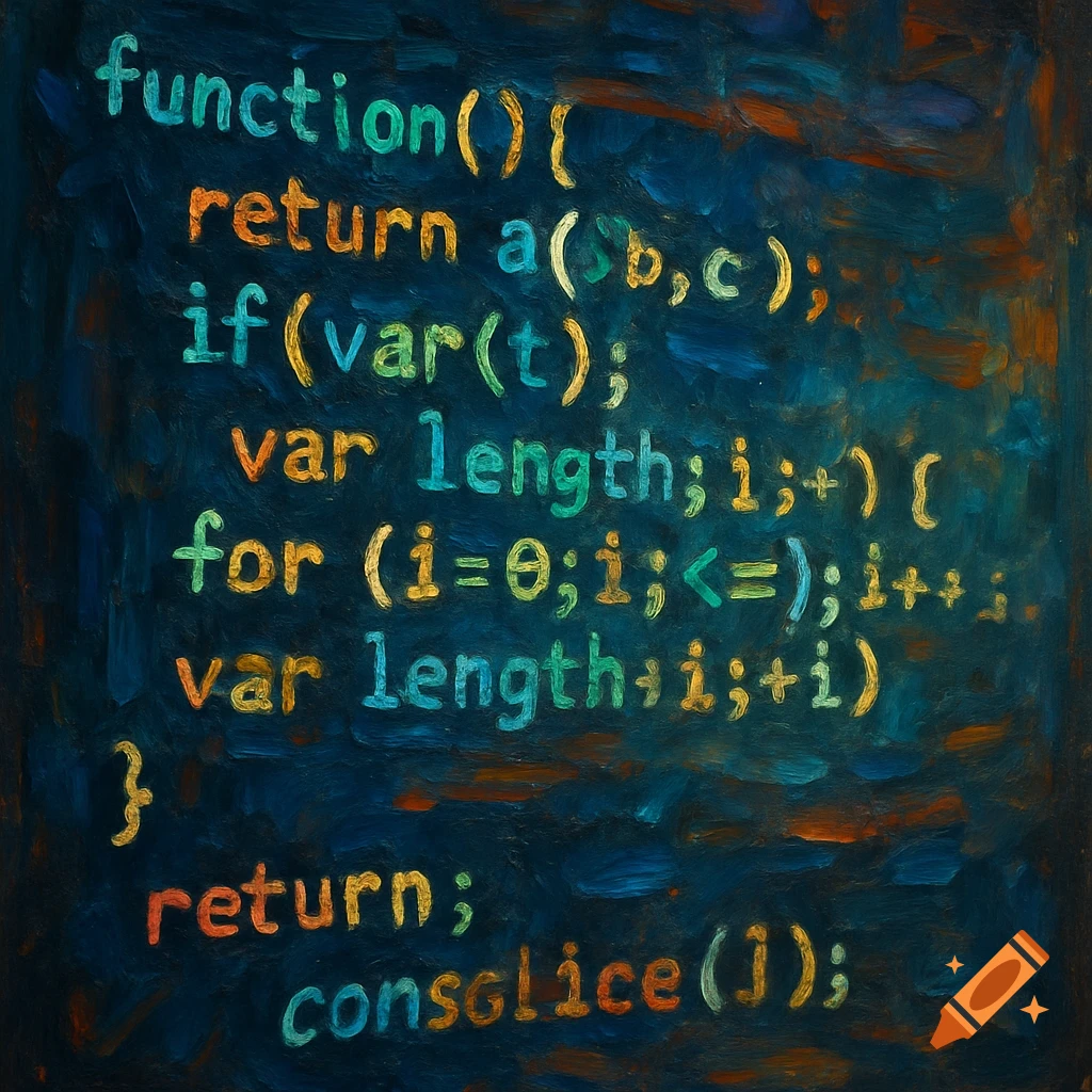 Computer code rendered in a colorful, painterly style on a dark background.