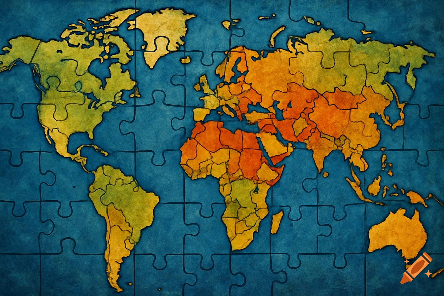 World map made of colorful puzzle pieces on a blue background.