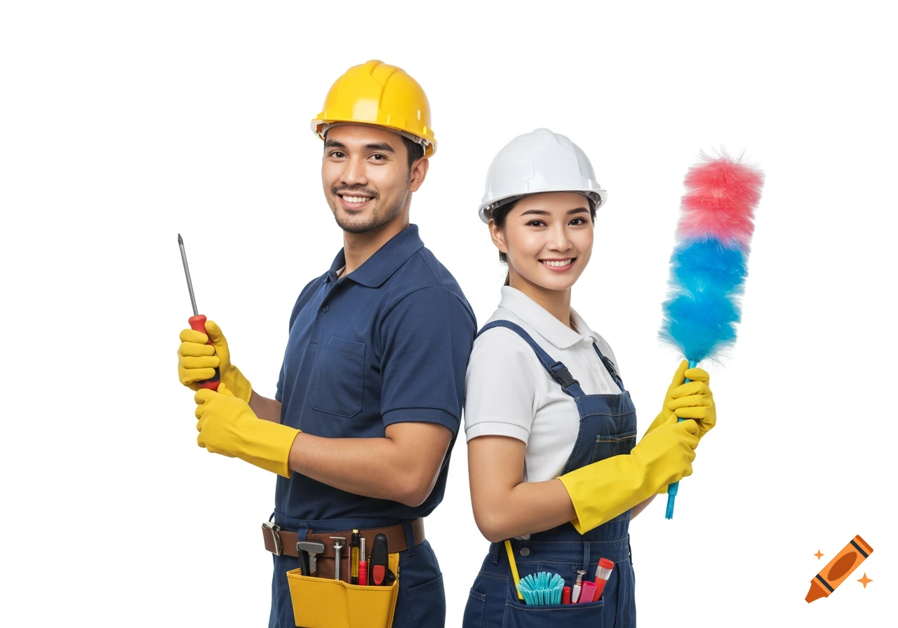 Maintenance worker and cleaner in hard hats with tools on white background
