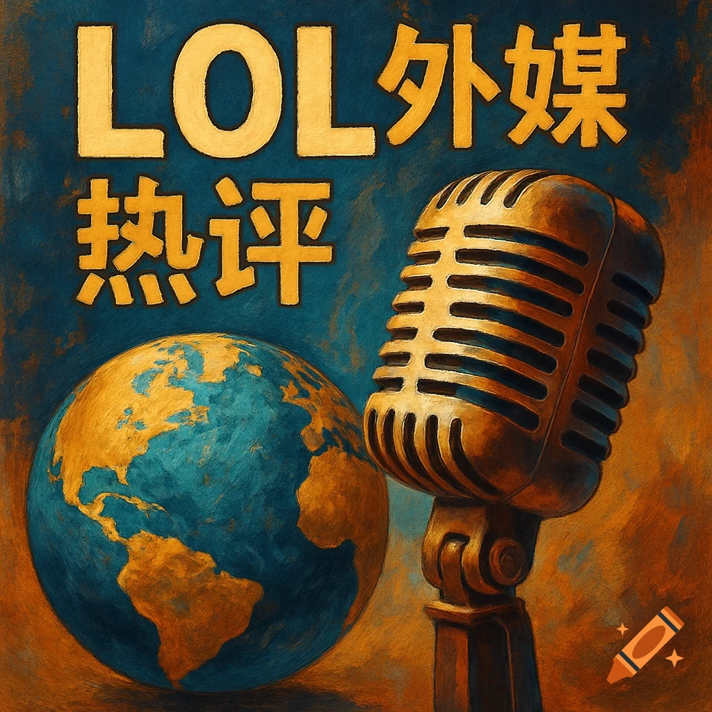 Vintage microphone and globe with text LOL 外媒 热评 in a painterly style.