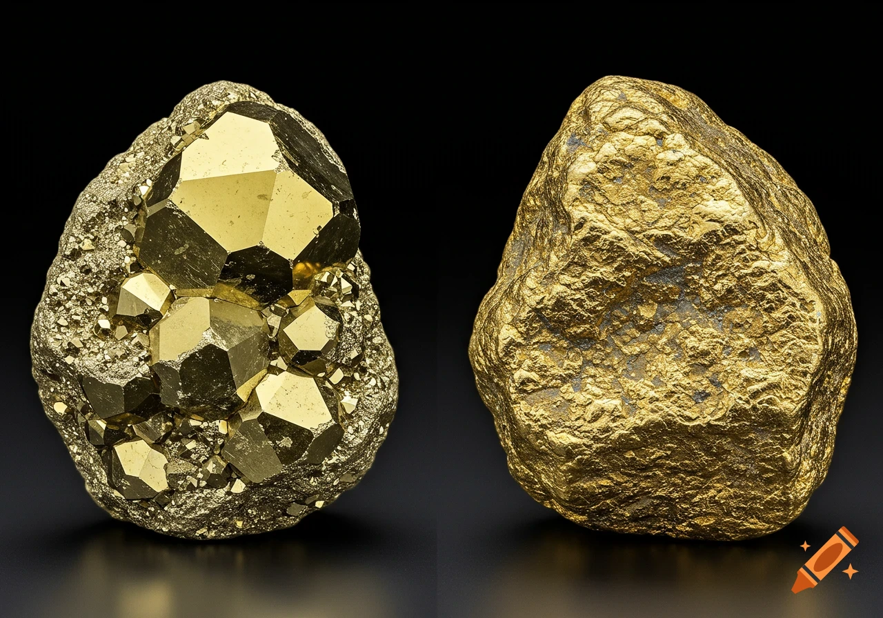 Side-by-side comparison of a shiny crystalline pyrite sample and a rough raw gold nugget.