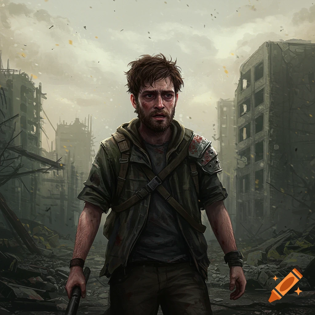A man stands in a destroyed city, looking weary, in a survival illustration.