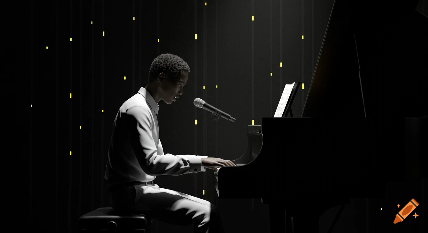 Person playing a piano on a dark stage with spotlights and vertical background lights.