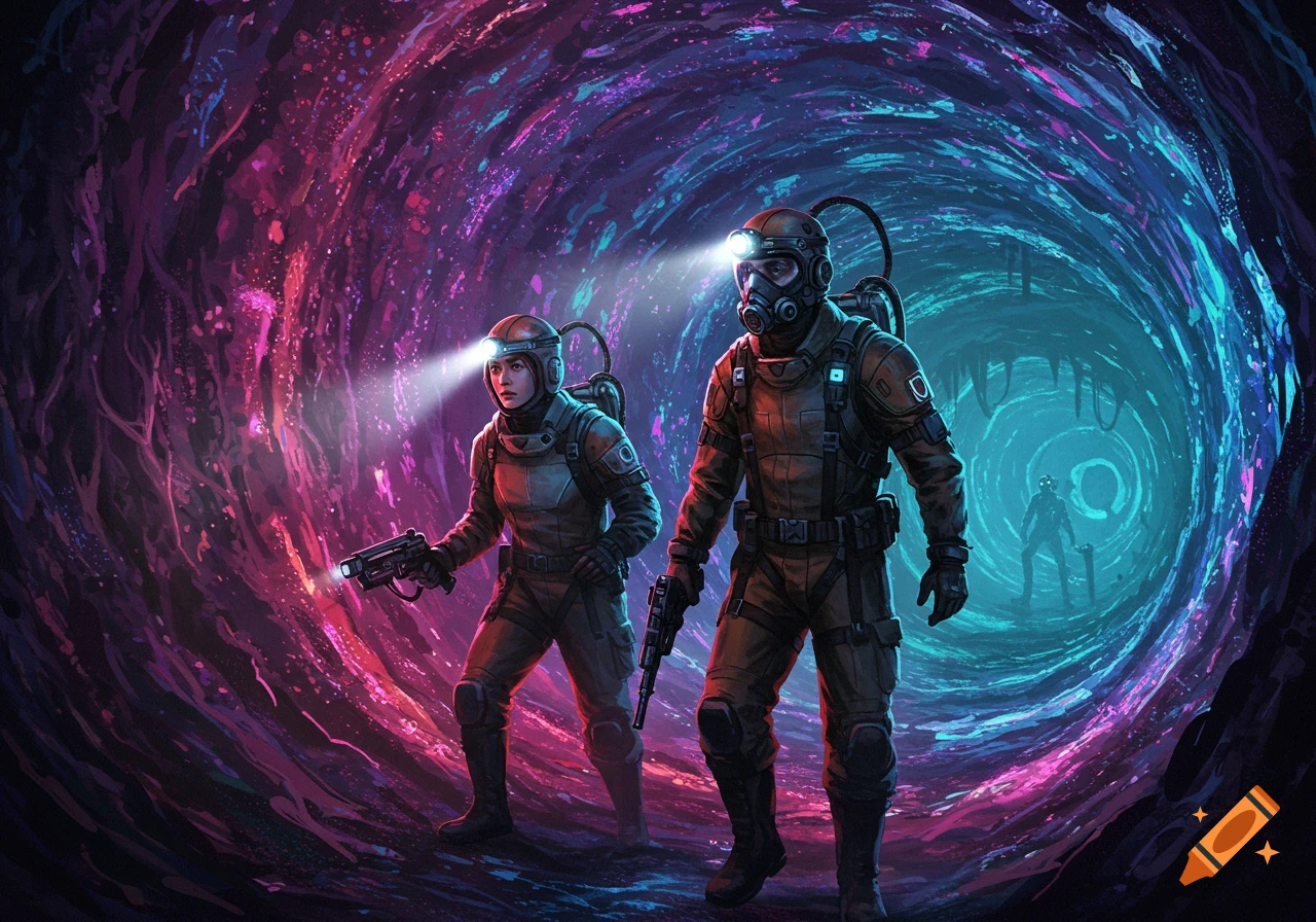 Two explorers in sci-fi suits with helmet lights navigate a glowing, colorful tunnel.